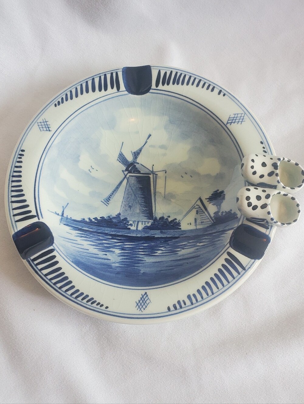Delft Vtg Windmill Clogs Blue & White  Ashtray Trinket Bowl MCM Retro #3/1802